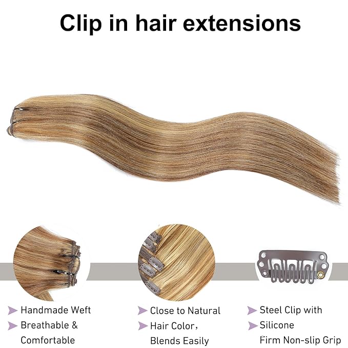 Clip in Hair Extensions Real Human Hair Chocolate Brown to Caramel Blonde 16 inch 7pcs 70g/Pack, Human Hair Clip in Extensions, Salon-Grade Quality, Easy Comfort Wear for Women (#P4/27, 16 inch)