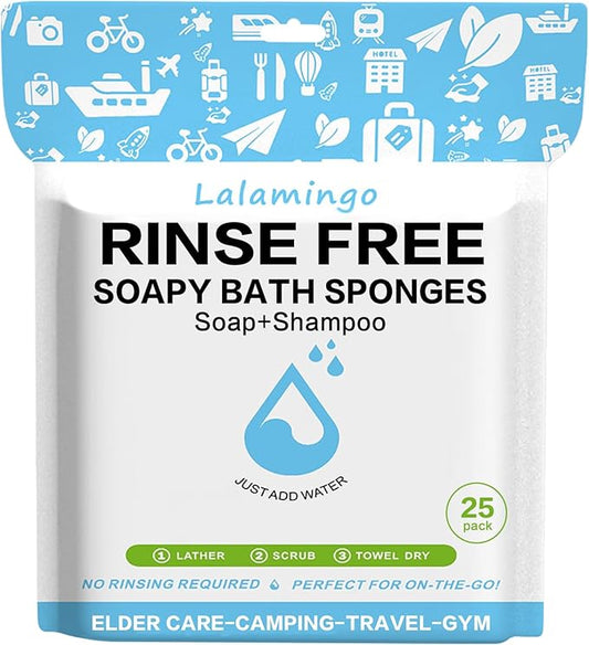 Disposable Rinse Free Bath Sponges, No Rinse Bathing Wipes for Adults, Soap Infused Dry Shower Wipes for Elderly, Bedridden, Camping, Post Surgery(25 Count 1 Pack)