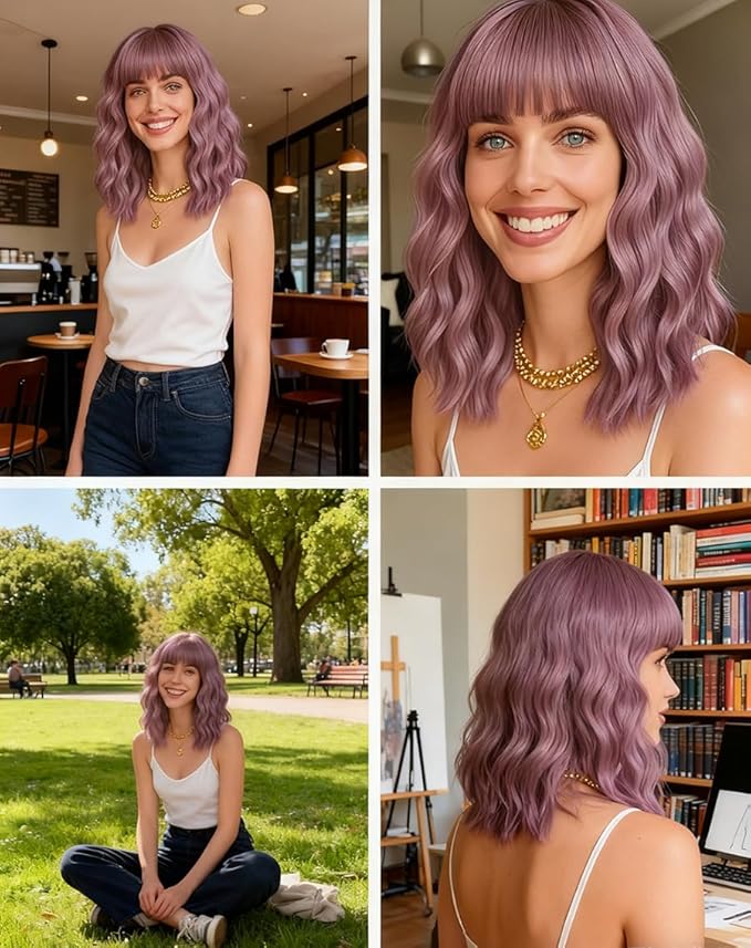 WAVE&BREEZE Short Purple Wigs with Bangs 14Inch Wavy Curly Bob Hair Wig for Women Shoulder Length Natural Looking Hair Replacement Wig for Daily Party Cosplay Costume Halloween