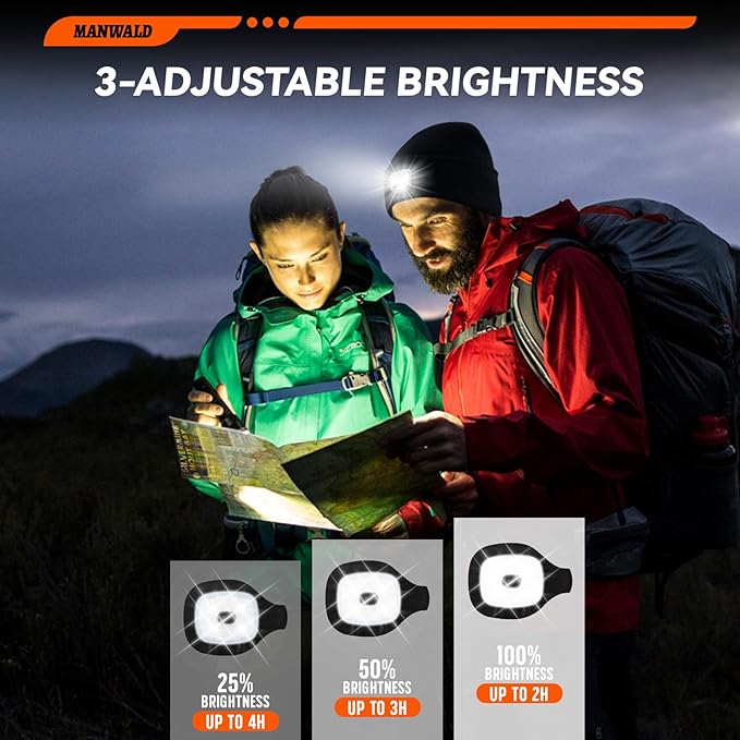 LED Beanie Hat with Light, USB Rechargeable LED Headlamp, Gifts for Men, Christmas Stocking Stuffers for Men Adults, Birthday Gifts for Him Dad Husband, Boyfriends, Black, 2PCS
