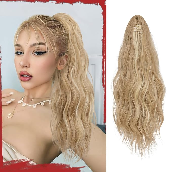 SOFEIYAN Ponytail Extension 16" Curly Wavy Claw Clip Ponytail Hair Extensions Small Claw Clip in Hairpiece Fluffy Clip on Pony Tails Jaw Clips for Women Synthetic Hairpiece, Ash Brown & Bleach Blonde