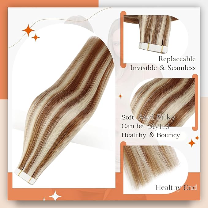 Full Shine Highlight Blonde Tape in Human Hair Extensions 330P800 Tape Hair Extensions Real Human Hair 14Inch Glue in Extensions Human Hair Seamless Tapes Extensions Double Sided Tapes 50Gram 20Pcs