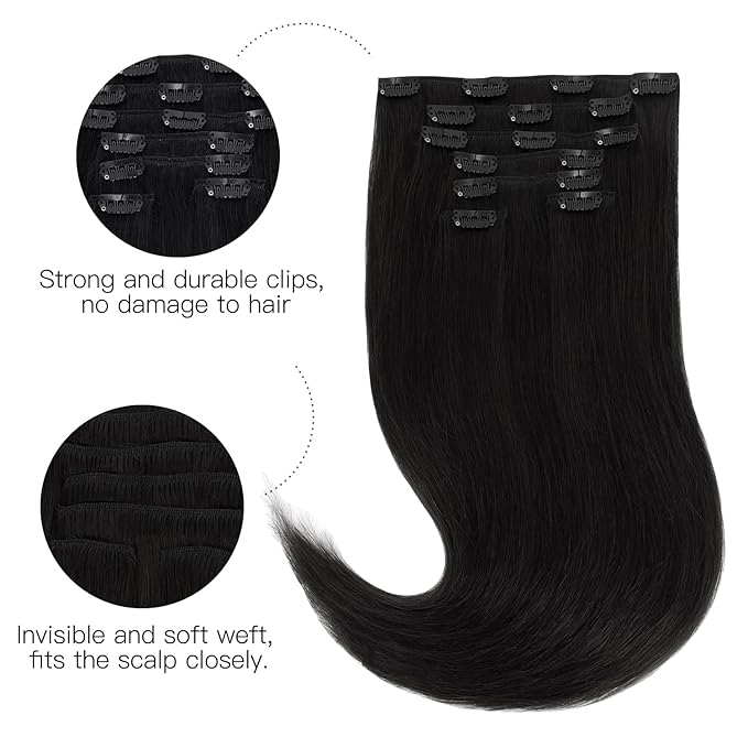HOTBANANA Human Hair Clip in Hair Extensions, Jet Black 120g Clip in Hair Extensions Real Human Hair Straight Remy Hair 18 Inch 7pcs
