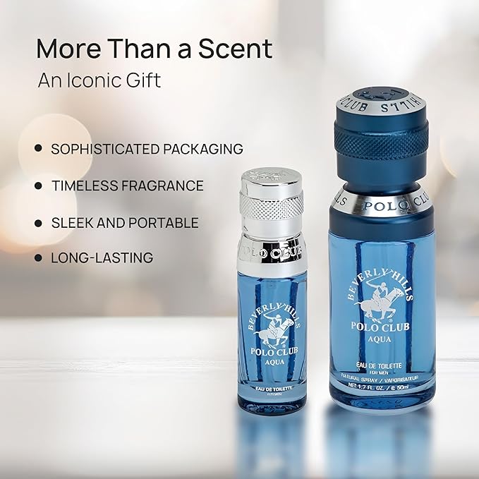 Beverly Hills Polo Club BHPC Men's Eau De Toilette Aqua Bonus Pack - Long-Lasting Fragrance for Him, 2.2 Fl Oz Total (1.7oz + Travel 0.5oz)