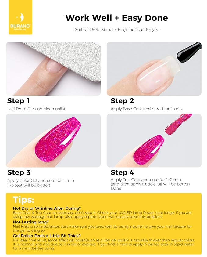 BURANO Glitter Gel Nail Polish - LED UV Curing, Holographic Effect, No Chip Sparkle Gel - Hot Pink (LP14)