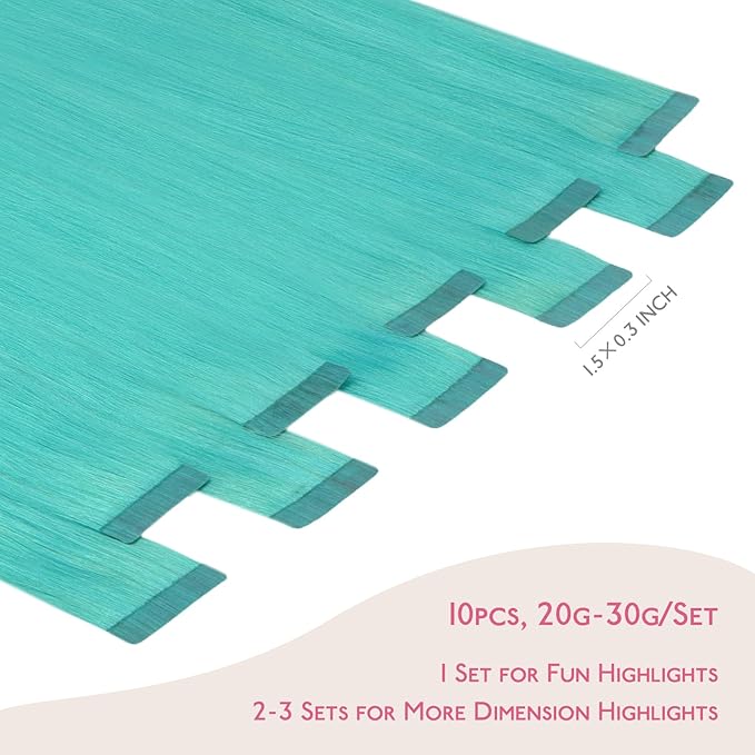 WENNALIFE Tape in Hair Extensions Human Hair Teal Green Tape in Extensions, 10pcs 20g 12 inch Remy Invisible Tape Ins Straight Colored Soft Real Human Hair Tape in Extensions Refill Set Extensions