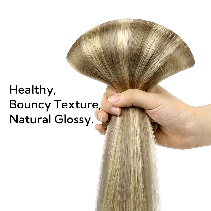 HOTBANANA Clip in Hair Extensions Real Human Hair, 145g 7pcs 22 inch Ash Brown Highlighted Golden Blonde Clip in Human Hair Extensions Straight Remy Hair Extensions Full Head
