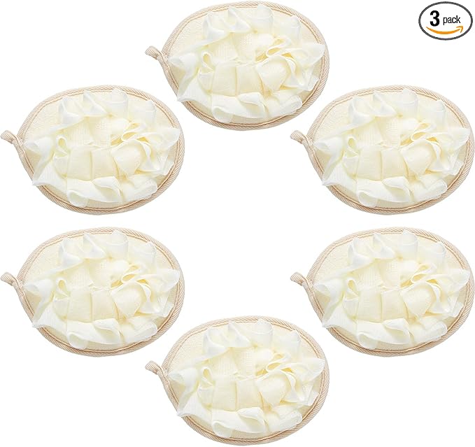 Boao 3 Pcs Bath Shower Pouf Sponge Mesh Pouf Shower Ball Exfoliating Body Sponge Pad Scrubber Glove with Flower Bath Ball (Beige)