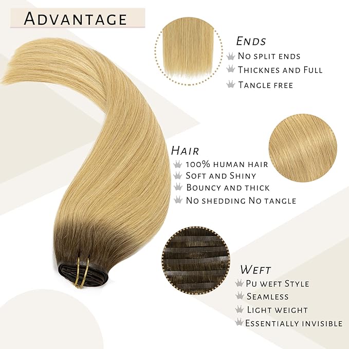 Caliee 16 Inch Balayage Clip in Hair Extensions Real Human Hair R4/18 Ash Blonde With Medium Brown Roots 7Pcs PU Clip in Human Hair Extensions 110G Silky Soft Natural Remy Hair for Women