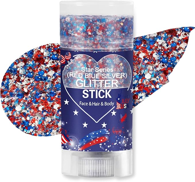 Red Blue and White Body Glitter Stick, 4th of July Independence Day Accessories, Waterproof Face Body and Hair Glitter Makeup, Patriotic Day Memorial Day Glitter Makeup for Women and Girls