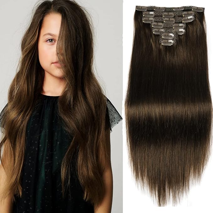 14" Clip in Human Hair Extensions Full Head 110g 7 Pieces 16 Clips Chocolate Brown Double Weft Brazilian Real Remy Hair Extensions Thick Straight Silky (14",110g 4#)