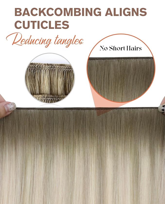 Sunny Hair Genius Weft Hair Extensions Human Hair Ombre Sew In Hair Extensions Real Human Hair Ash Blonde Ombre Platinum Blonde Genius Weft Human Hair Extensions Hand Tied Weft Extensions 14 Inch 50G