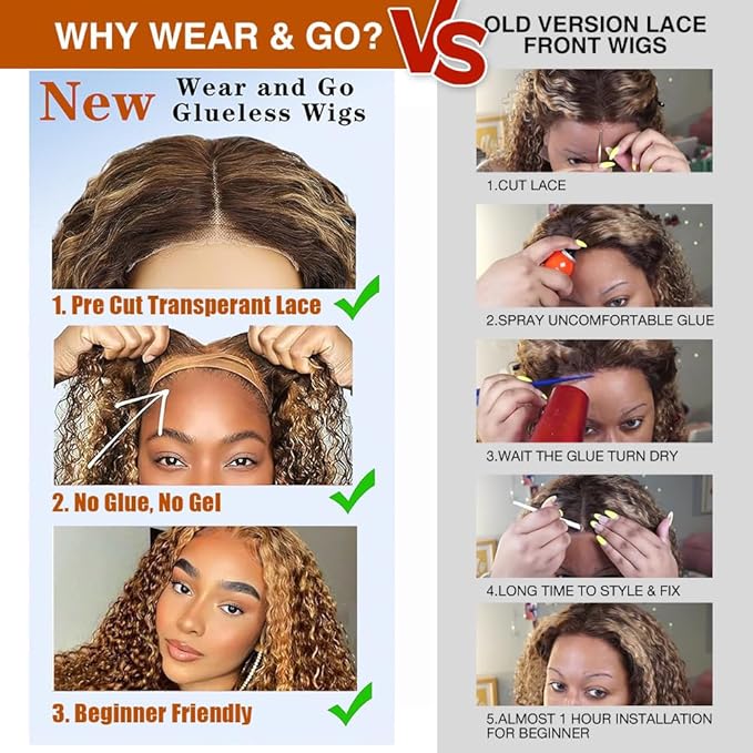 Wear And Go Glueless Wigs Human Hair Pre Plucked Pre Cut 4/27 Highlight Curly Bob Lace Closure Wigs 5x5 HD Lace Closure Wigs Human Hair For Black Women 180% Density Water Wave Lace Front Wig 12 Inch