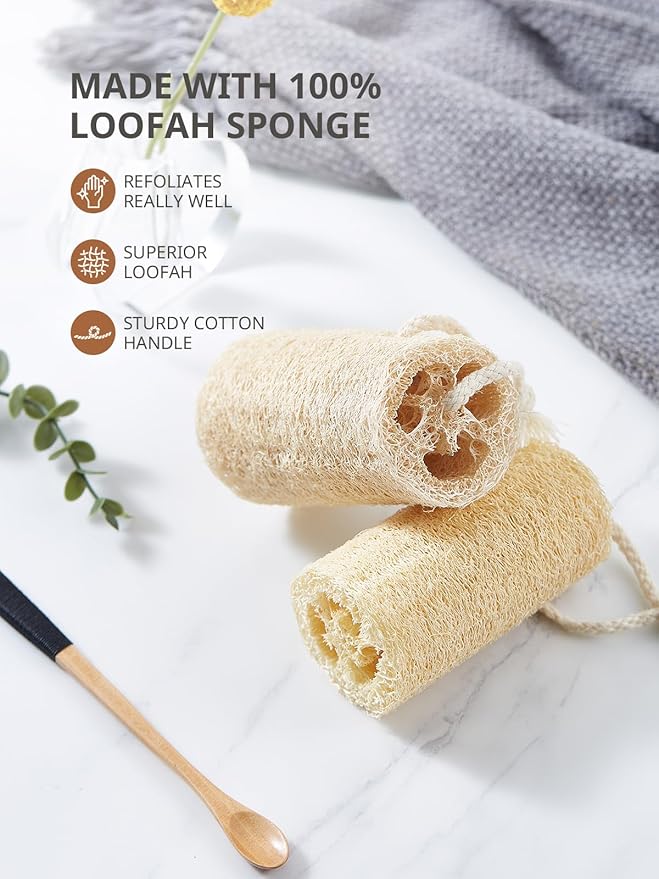 Reemix Natural Loofah Exfoliating Body Scrubber 4-Piece Long Cylinder Set - Large Home & Shower Sponge for Face & Body, Eco-Friendly Bath Tool for Gentle Exfoliation, Spa-Like Experience at Home