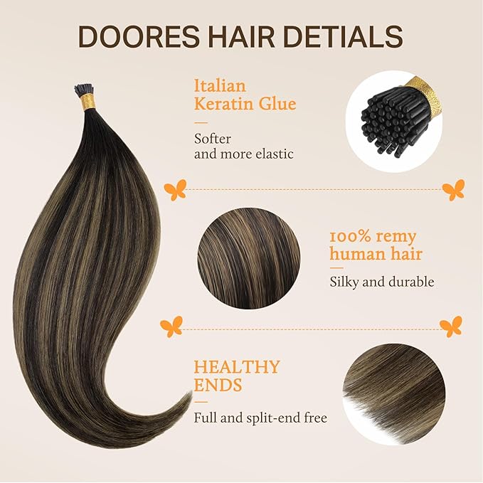 DOORES I Tip Hair Extensions, Balayage Natural Black to Chestnut Brown 14 Inch 50g/100s, Invisible I Tips Extensions Real Human Hair I Tip Remy Hair Extensions Cold Fusion Hair Extensions Straight