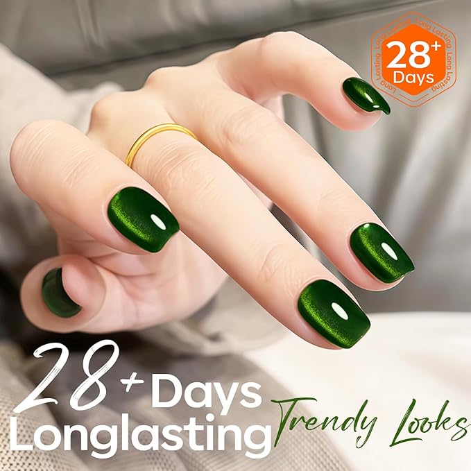 modelones Cat Eye Gel Nail Polish Green Gel Polish Jelly Glass with Magnet Holographic Glitter Shimmer Translucent Sheer Color Magnetic Christmas Nail Polish Top Coat Salon DIY at Home 15 ML