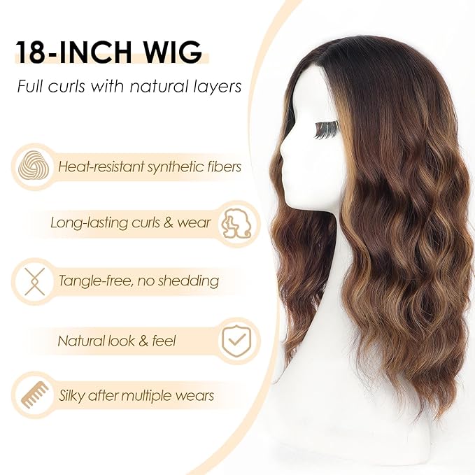 AISI HAIR Highlights Brown Wig for Women Medium Length Wave Curly Glueless Synthetic Heat Resistant Hair Wigs for Daily Party Cosplay