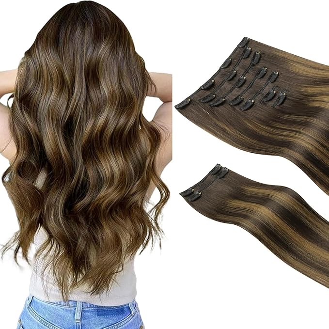 HOTBANANA Clip in Hair Extensions Real Human Hair, 135g 9pcs 16 inch Dark Brown to Chestnut Brown Straight Remy Clip in Extensions Full Head for Women