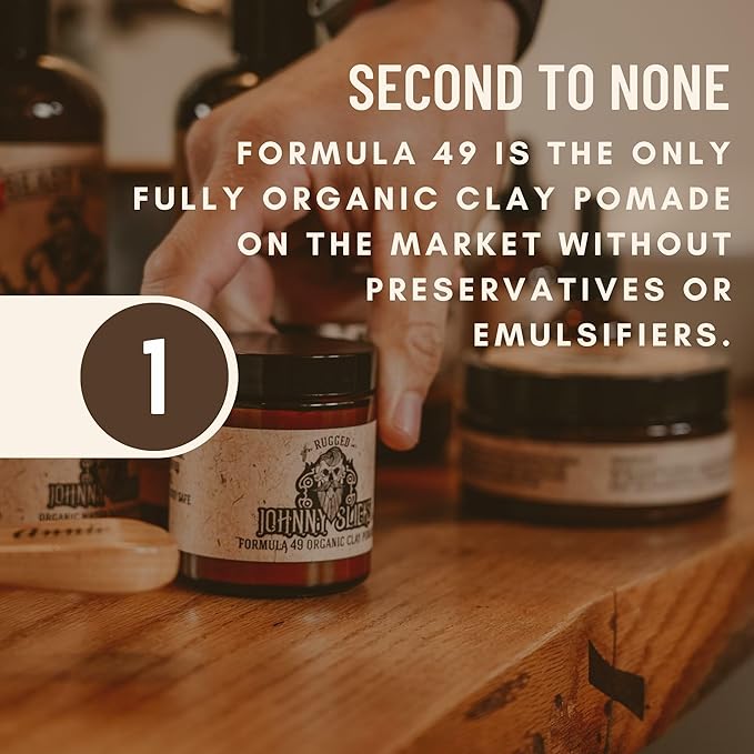 Johnny Slicks Formula 49 Clay All Organic Pomade | Firm Hold & Matte Finish (Promotes Healthy Hair Growth, Helps Hydrate Dry Skin), Rugged 2-ounce