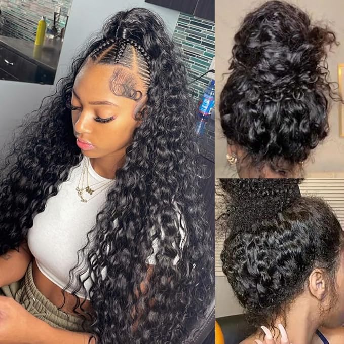 360 Lace Front Wigs Human Hair 220% Density 360 Deep Wave HD Wigs Pre Plucked With Baby Hair 360 Brazilian Virgin Water Wave Curly Full Lace Wig for Women 28 Inch Natural Color