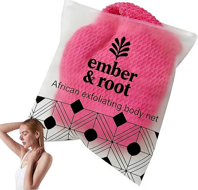 African Exfoliating Body Net Sponge, Ember and Root African Net Sponge, Exfoliating Towel, Gentle Exfoliation, Exfoliating Washcloth Face & Body Scrub Towel for All Skin Types (Pink)