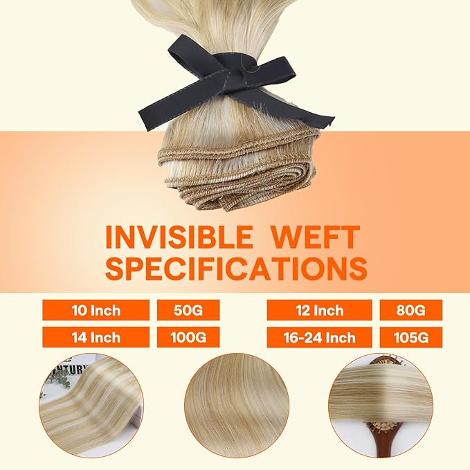 Full Shine 22 Inch Weft Hair Extensions Human Hair Highlight Blonde Hair Extensions Sew In Double Weft Extensions Remy Hair #27/613 Caramel Blonde Mix Platinum Blonde Hair Weft Extensions 105G