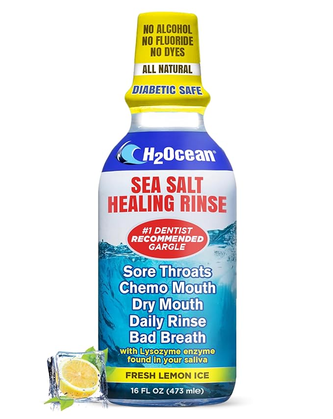 H2Ocean Healing Rinse Natural Sea Salt Mouthwash - Alcohol & Fluoride-Free Oral Care for Sore Throats, Wisdom Teeth Recovery & Gum Health - Mouth Rinse & Whitening Mouthwash, Lemon Ice, 16 oz