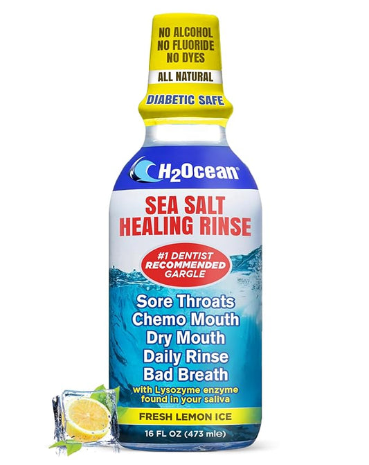 H2Ocean Healing Rinse Natural Sea Salt Mouthwash - Alcohol & Fluoride-Free Oral Care for Sore Throats, Wisdom Teeth Recovery & Gum Health - Mouth Rinse & Whitening Mouthwash, Lemon Ice, 16 oz