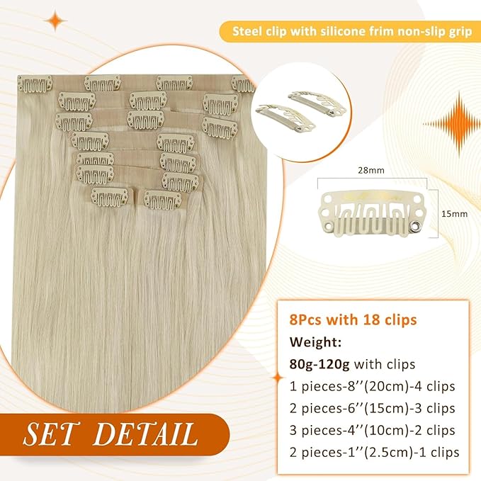 Full Shine Platinum Blonde Human Hair Clip in Extensions Platinum Blonde Clip in Hair Extensions Invisible Seamless Clip ins for Women 18 Inch 8 PCS 120 Grams