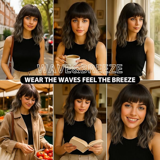 WAVE&BREEZE Short Gray Wigs with Bangs 14Inch Ombre Grey Mixed Brown Curly Bob Wig for Women Shoulder Length Natural Looking Hair Replacement Wig for Daily Party Use Cosplay Costume Halloween Wig
