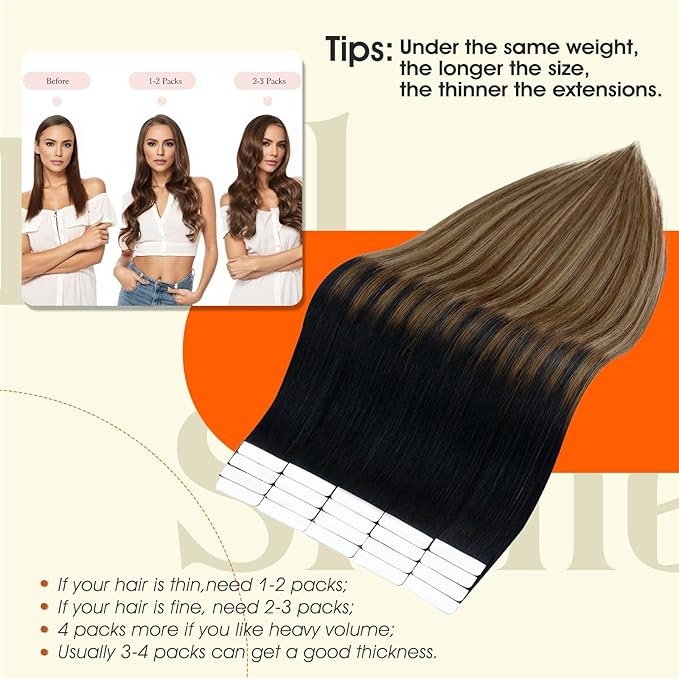 Full Shine Balayage Tape in Hair Extensions Real Human Hair 12Inch Real Tape Extensions 30G 20Pcs Seamless Remy Skin Weft Black Ombre Pu Adhesive Hair Extension 1B/6/27 Black And Blonde Soft Natural