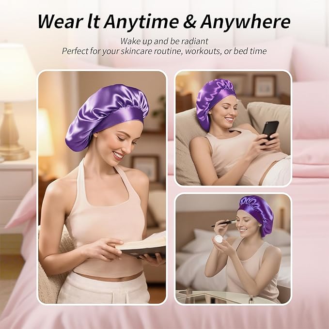 5 Pack Satin Bonnet for Women, 30cm Adjustable No-Slip Sleep Cap for Curly Hair, Breathable Head Wrap for Sleeping & Skincare