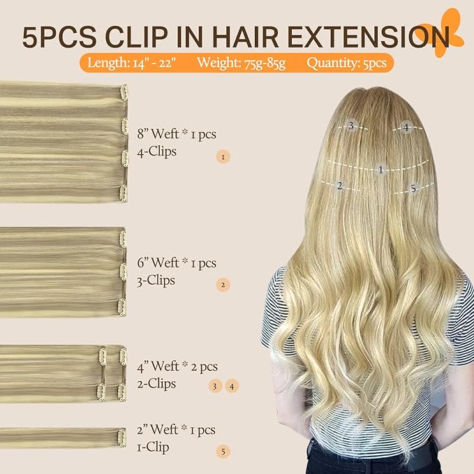 DOORES Hair Extensions Clip in Human Hair, 5pcs 80g Light Blonde Highlighted Golden Blonde Balayage 18 Inch Real Clip in Extensions Remy Hair Extensions Natural Straight