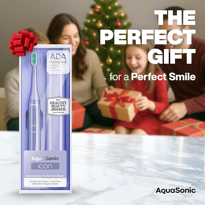 Aquasonic Icon ADA-Accepted Rechargeable Toothbrush | Magnetic Holder & Slim Travel Case | 2 Brushing Modes & Smart Timers | Gentle Micro-Vibrations (Lilac)