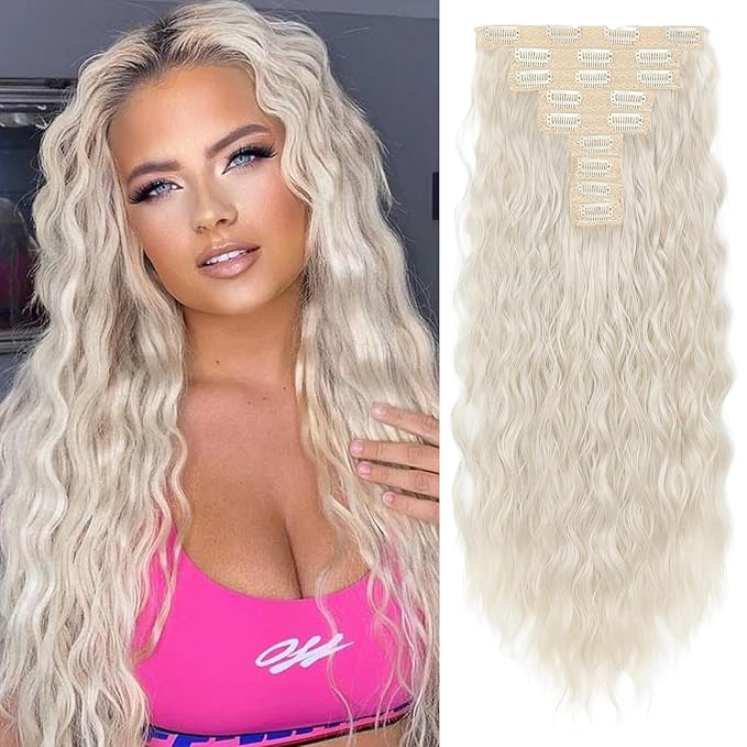 Hair Extensions, REECHO 9PCS Clip in Hair Extensions 24" Thick Long Mini Mermaid Wave Luxurious Lightweight Japanese Technology HYOUITSU Fiber Invisible Soft Lace Weft - HE009 Platinum Blonde