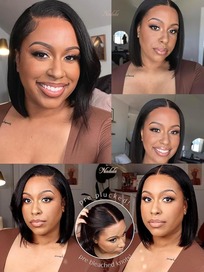 Nadula Bye Bye Knots Yaki Straight Bob Glueless Wig Pre Cut/Plucked/Bleached 7x5 Lace Front Wigs Human Hair Invisible Knots Pre Everything 3S Ready to Go Short Yaki Bob Wigs 150% Density 14inch