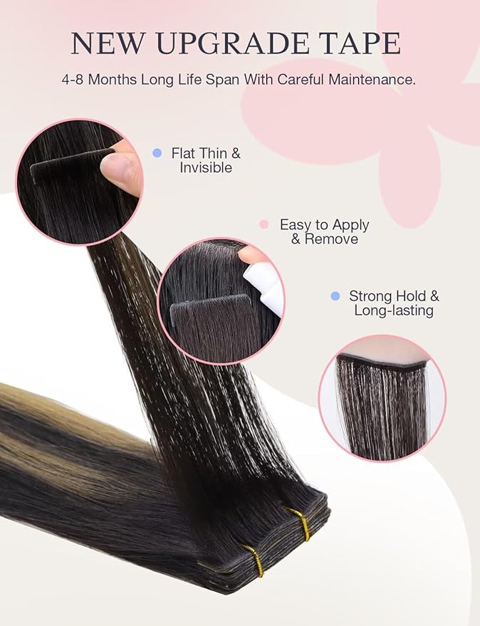 DOORES Invisi Edge Hair Extensions Real Human Hair Tape in, Natural Black to Light Blonde 10pcs Injection Tapeins, 25g 16 Inch, Natural Human Injected Tape in Seamless
