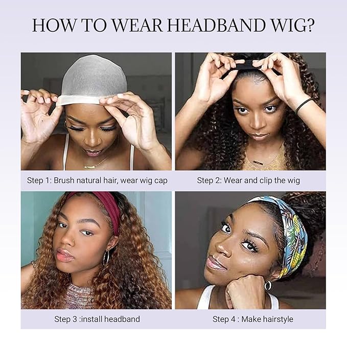 30Inch Ombre Highlight Headband Wig Human Hair Deep Wave 4/27 Honey Blonde Human Hair Headband wigs for Black women Glueless None Lace Front Wig Machine Made 180% Density Curly Half Wig Human Hair