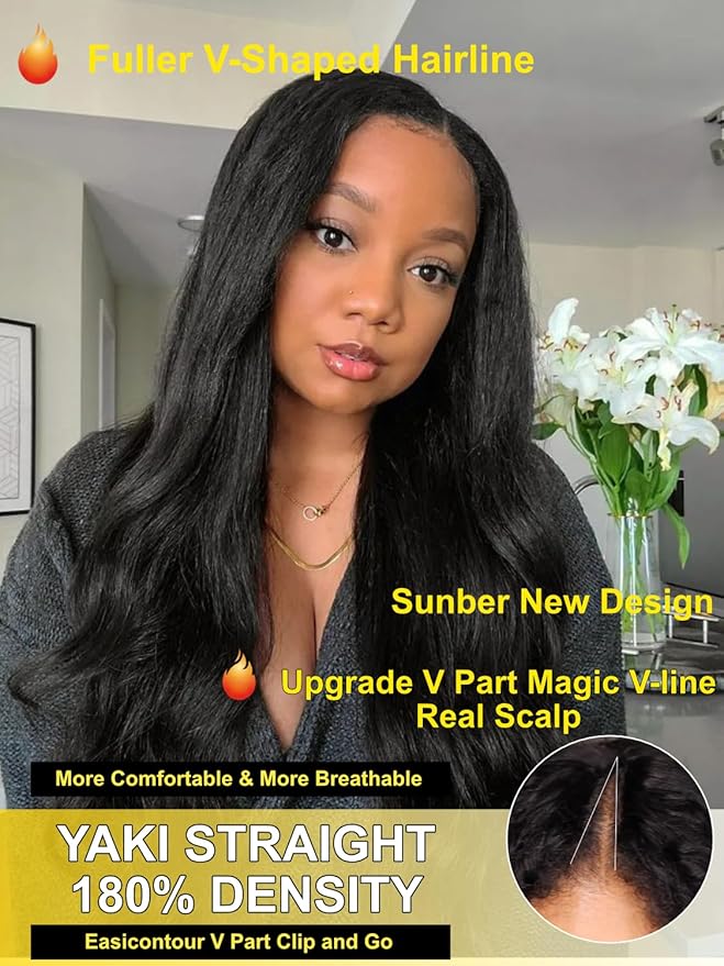 Sunber EasiContour Yaki Straight V Part Human Hair Glueless Wigs with Drawstring No Leave Out No Gel 180% Density Vpart light yaki straight Clip In Half Wigs No Leave Out Real Scalp V Shape 14Inch