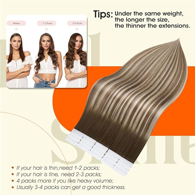 Full Shine Human Hair Tape in Extensions 12 Inch Tape Hair Extensions 3 Darker Brown to 8 Ash Brown Highlight 22 Medium Blonde Tape ins for Women Pu Tape in Hair 30 Gram 20 Pcs Natural Straight