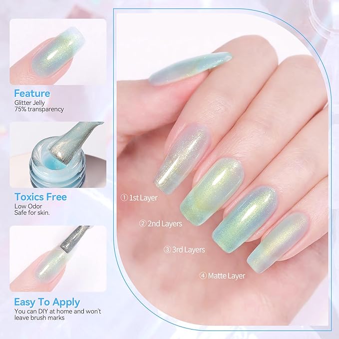 Born Pretty Jelly Gel Nail Polish Jelly Glitter Blue Gel Polish Shimmer Blue Natural Translucent Soak Off Gel Polish Nail Art DIY 15ML