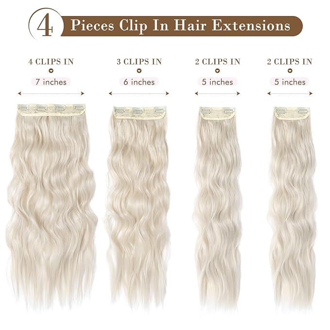REECHO Hair Extensions, 4PCS Clip in Hair Extensions HE001 Natural Soft Synthetic Hairpieces for Women, Platium Blonde