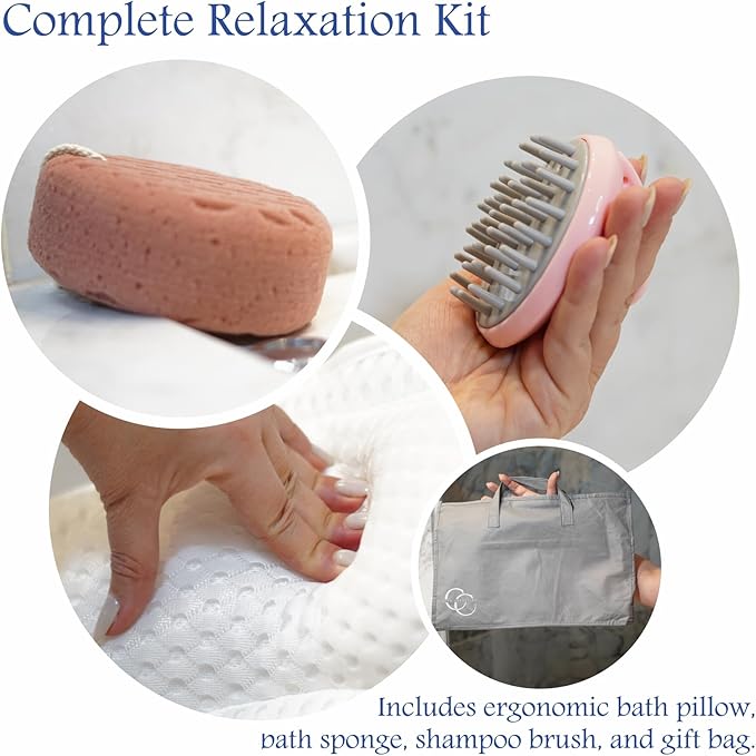 Bath Pillows for Tub, Bathtub Pillow Gift Set: 4D Air Mesh Cushion for Head & Neck, Spa Relaxing Accessories, Plus Bath Sponge & Scalp Massage Brush, Gift Bag