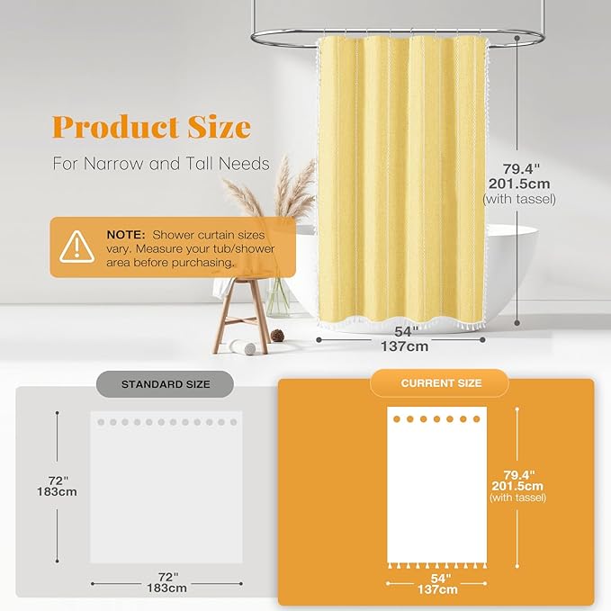 BTTN Boho Farmhouse Shower Curtain - Linen Rustic Heavy Duty Striped Fabric Shower Curtain Set, Bohemian Vintage Country Cloth Shower Curtains for Bathroom, Yellow, 54" W x 78" L (Pack of 1)