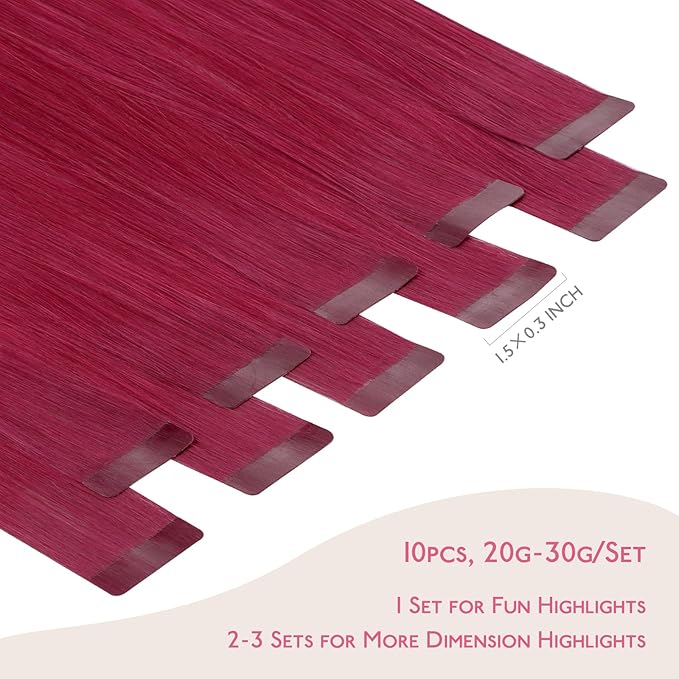 WENNALIFE Tape in Hair Extensions Human Hair Burgundy Red Tape in Extensions, 10pcs 30g 22 inch Remy Invisible Tape Ins Straight Colored Soft Real Human Hair Tape in Extensions Refill Set Extensions