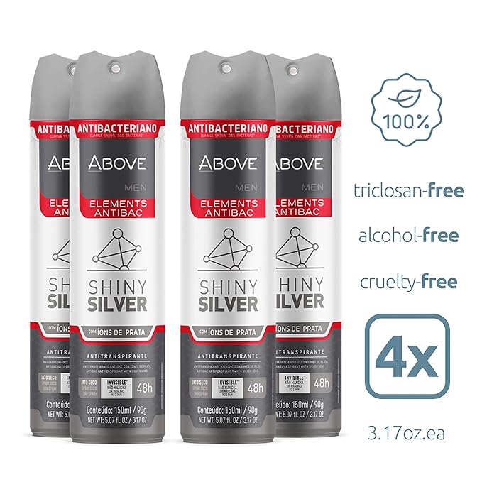 ABOVE Shiny Silver - 48 Hours Elements Antiperspirant Deodorant Set for Men - Notes of Jasmine and Mint - Dry Spray Protects Against Sweat and Body Odor - Instant Freshness - Stain Free - 4 pc