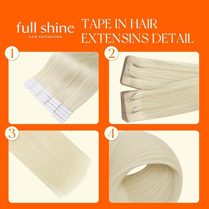 Full Shine Injection Tape ins Hair Extensions Invisi Edge Color 60 Blonde Intact Machine Remy Invisible Injected Tape in Extensions Insert Human Hair for Women 14 Inch 20 Pcs 40 Grams for Wedding