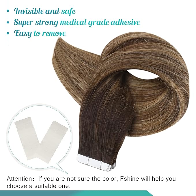 Fshine Tape in Hair Extensions Remy Human Hair,Balayage Medium Brown with Platinum Blonde, 12 Inch 30 g, Silky Straight with Thick Ends,Designed to Boost Volume & Length