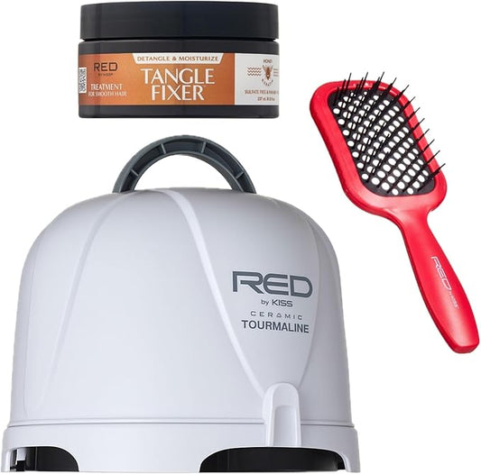 Red by Kiss Professional Hair Care Bundle: 3000 Ceramic Tourmaline Hood Dryer + Dry Vent Heat-Resistant Detangling Brush + Tangle Fixer with Honey & Keratin, Frizz Control & Shine, for All Hair Types