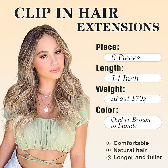 NAYOO Clip in Hair Extensions for Women 14 Inch Short Wavy Curly Ombre Brown to Blonde Hairpieces Full Head Synthetic Hair Hairpieces(6PCS,Ombre Brown to Blonde)